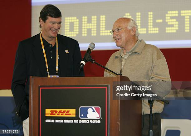 Express CEO Hans Hickler introduces Hall of Famer Harmon Killebrew during the DHL FanFest for the 2007 Major League Baseball All-Star game on July 8,...