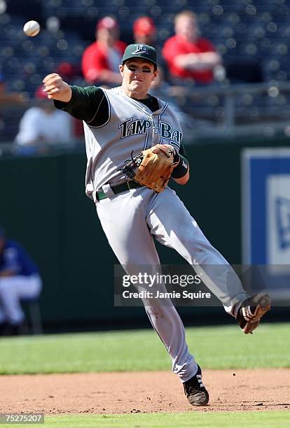 Shortstop Brendan Harris of the Tampa Bay Devil Rays throws toward first during the 8th inning of the game against the Kansas City Royals on July 8,...