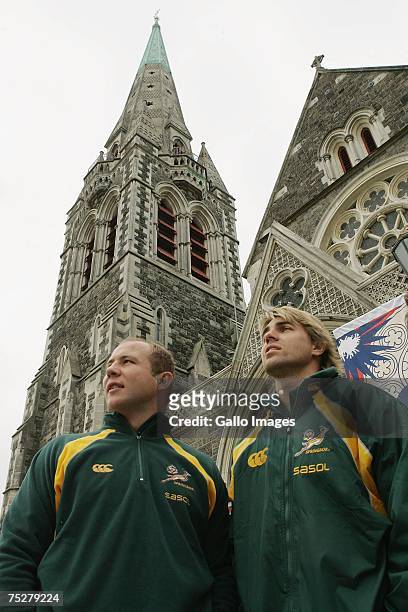 Gary Botha and Wynand Olivier of the South African Springboks pose outside the Christchurch Cathedral July 9, 2007 in Christchurch, New Zealand.