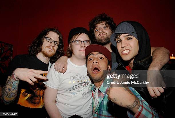 Andy Hurley of Fall Out Boy, Patrick Stump of Fall Out Boy, Travis McCoy of Gym Class Heroes, Joe Trohman of Fall Out Boy and Pete Wentz of Fall Out...