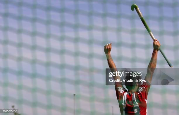 Frank Gemmrig of Club and der Alster celebrates during a penalty shoot out the German Field Hockey Championship men?s final at the Warsteiner...