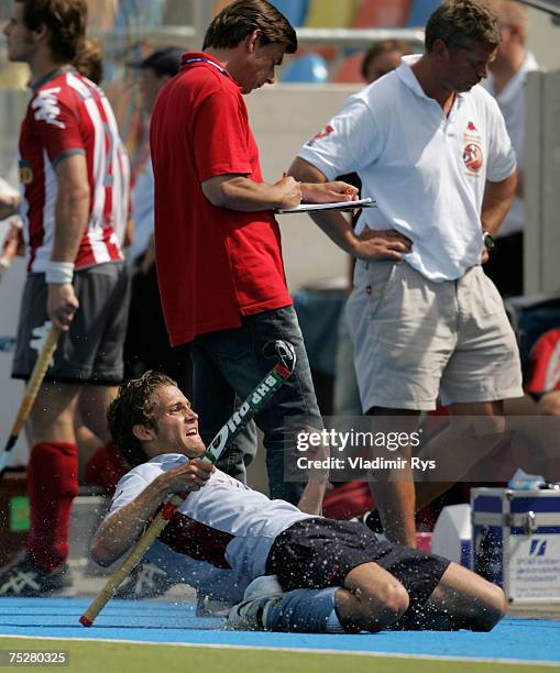 Jonas Fuerste of Uhlehorster HC celebrates after scoring a goal during the German Field Hockey Championship men?s final match between Uhlenhorster HC...