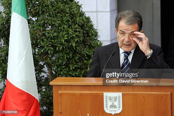 Italian Prime Minister Romano Prodi makes his speech during an official welcoming ceremony with his Israeli counterpart and host Ehud Olmert, not...