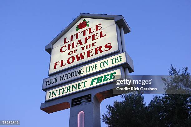 Sign for the Chapel of the Flowers on July 7, 2007 in Las Vegas, Nevada. Wedding planners say a flood of couples were marrying on 7/7/07 due to the...