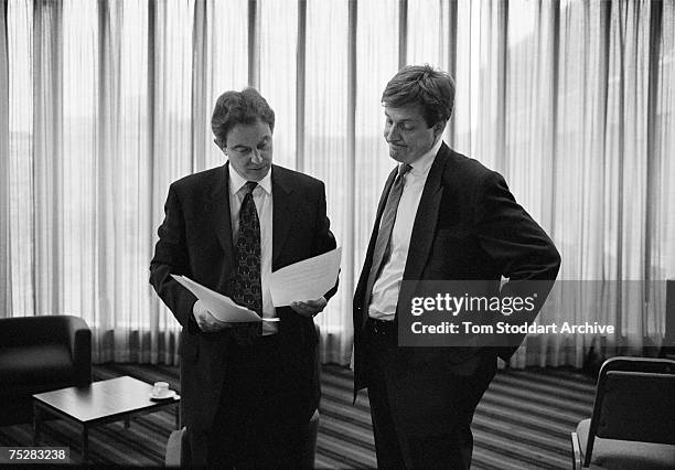 Alastair Campbell and Tony Blair working on a speech during Blair's successful 1997 General Election campaign to become Britain's first Labour Prime...