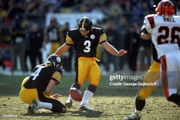 Place kicker Jeff Reed and holder Josh Miller of the Pittsburgh Steelers in action against the Cincinnati Bengals at Heinz Field on November 24, 2002...