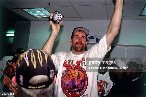 Bill Wennington of the Chicago Bulls celebrates winning the 1998 NBA Championship after defeating the Utah Jazz in Game Six of the 1998 NBA Finals...