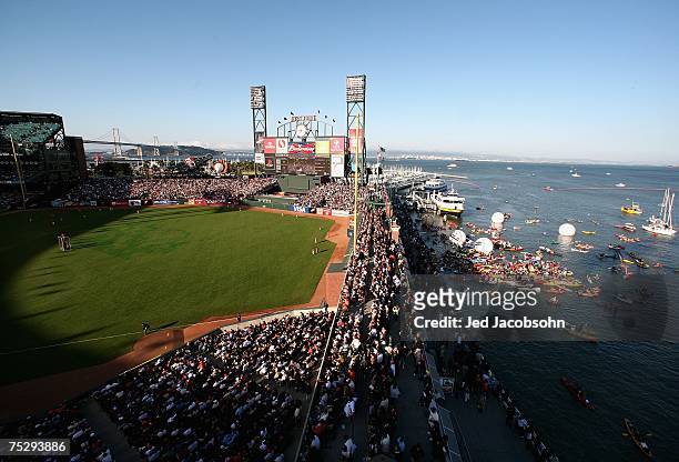 Fans fill McCovey Cove as the American League and National League All-Stars compete in the 78th Major League Baseball All-Star Home Run Derby at AT&T...