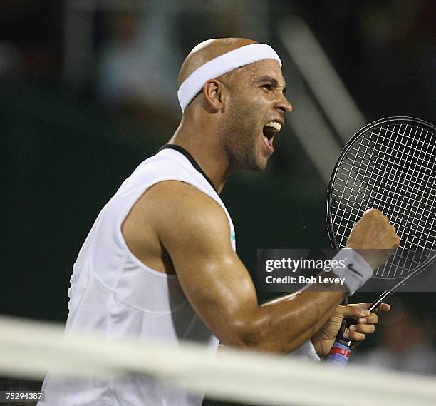 James Blake celebrates his victory over Juan Monaco, of Argentina, in their U.S. Men's Clay Court Championships quarterfinals tennis match Friday,...