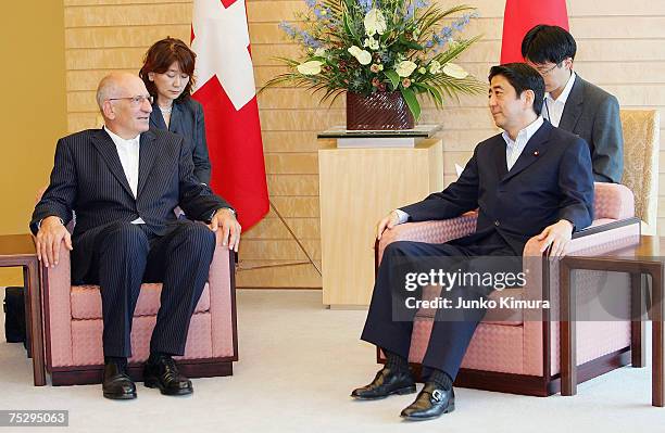 Swiss Vice President Pascal Couchepin meets with Japanese Prime Minister Shinzo Abe during a courtesy call at the Prime Minister's official residence...