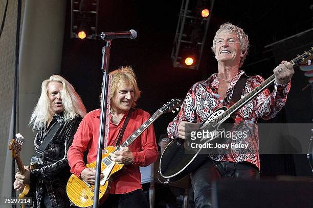 Bruce Hall,Dave Amato,and Kevin Cronin of REO Speedwagon perform live at Verizon Wireless Music Center July 6, 2007 in Noblesville, Indiana.