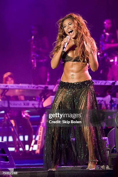 Beyonce performs on the main stage at the 13th Annual 2007 Essence Music Festival presented by Coca-Cola in the refurbished Louisiana Superdome in...