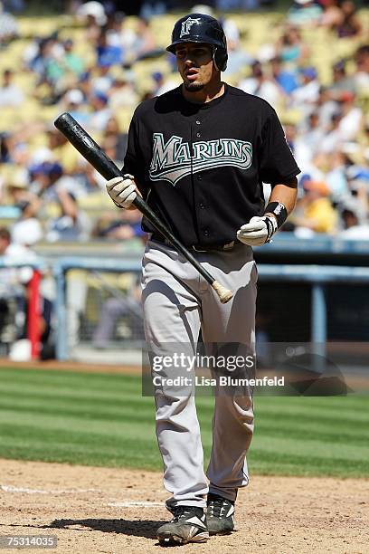 Matt Treanor of the Florida Marlins looks on against the Los Angeles Dodgers at Dodger Stadium on July 8, 2007 in Los Angeles, California. The...