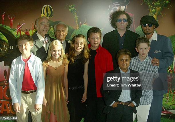 Richard Zanuck, Tim Burton and Johnny Depp Front Row: Jordan Fry, AnnaSophia Robb, Julia Winter, Phillip Wiegratz, Deep Roy and Freddie Highmore