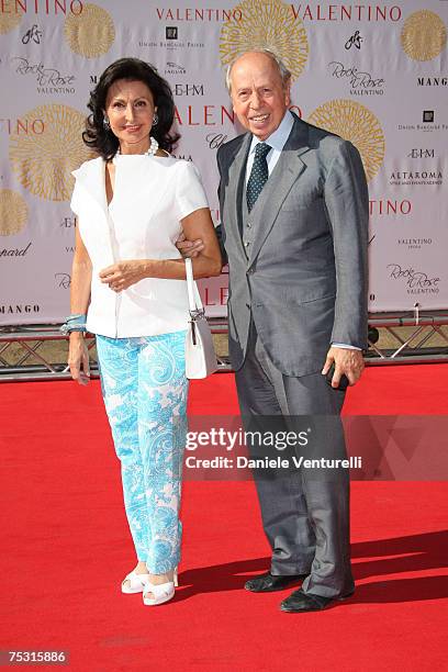 Lamberto Dini and his wife arrive at the Ara Pacis for Valentino's Exhibition opening on July 6, 2007 in Rome, Italy.