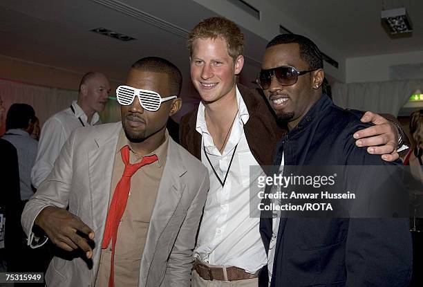 Prince Harry meet rappers Kanye West and P Diddy at the Concert for Diana After Party at Wembley Stadium on July 1, 2007 in London, England.