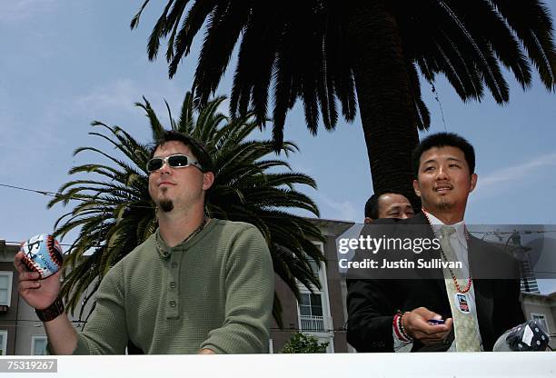 American League All-Stars Jonathan Papelbon and Hideki Okajima of the Boston Red Sox arrive to the 78th Major League Baseball All-Star Game at AT&T...