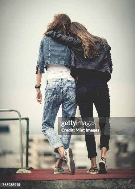 rear view of young woman standing on a rooftop with their arms around each other. - live in levis event stock pictures, royalty-free photos & images