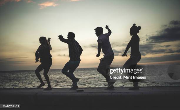 four people dancing in a line on a sea wall in front of the ocean. - conga stock pictures, royalty-free photos & images