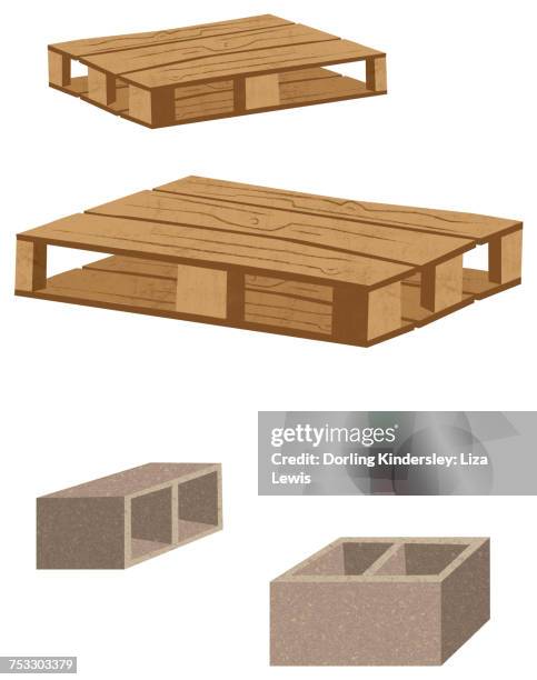 ilustraciones, imágenes clip art, dibujos animados e iconos de stock de two wooden pallets and two breeze blocks illustration - bloque de hormigón