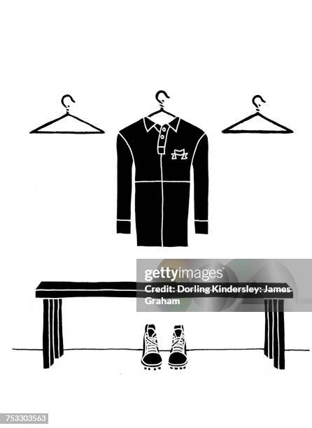 ilustraciones, imágenes clip art, dibujos animados e iconos de stock de "illustration of rugby shirt, coat hangers and bench" - rugby shirt