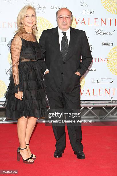 Francesca Lo Schiavo and Dante Ferretti arrive at the Ara Pacis for Valentino's Exhibition opening on July 6, 2007 in Rome, Italy.