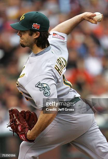 American League All-Star starting pitcher Dan Haren of the Oakland A's pitches during the first inning of the 78th Major League Baseball All-Star...