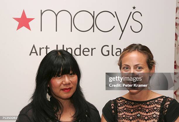 Designer Anna Sui and host Amy Larocca of New York Magazine attend a cocktail party celebrating Macy's sidewalk gallery exhibit opening of "Art Under...