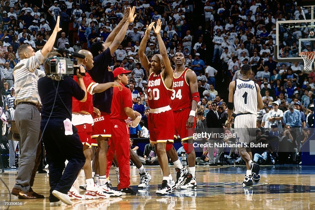 1995 Rockets Final Kenny Smith of the Houston Rockets celebrates a big play against the ...