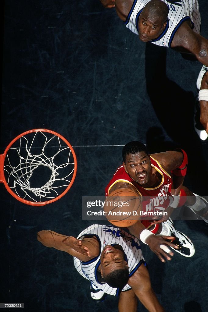 1995 Rockets Final Hakeem Olajuwon of the Houston Rockets battles for a rebound against ...