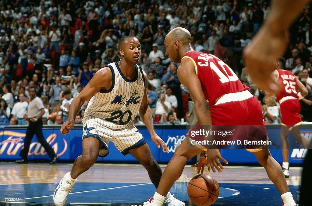 1995 Rockets Final Sam Cassell of the Houston Rockets looks to drive against Eric Snow ...