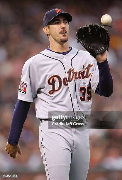 American League All-Star pitcher Justin Verlander of the Detroit Tigers catches the ball in the 78th Major League Baseball All-Star Game at AT&T Park...