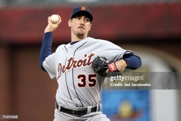 American League All-Star pitcher Justin Verlander of the Detroit Tigers deals during the 78th Major League Baseball All-Star Game at AT&T Park on...