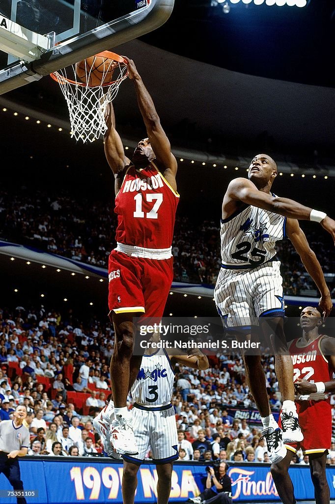 1995 Rockets Final Mario Elie of the Houston Rockets attempts a dunk against Nick... News ...