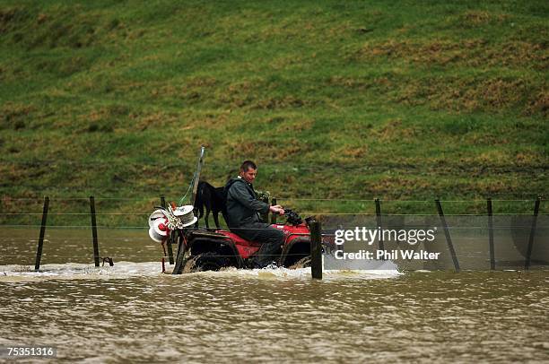 Farmer Simon Donelley and his dog Tam drive a quadbike though floodwater on their farm near Hikurangi July 11,2007 in Northland, New Zealand. The top...