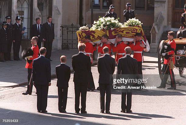 The Duke of Edinburgh, Prince William, Earl Spencer, Prince Harry and the Prince of Wales following the coffin of Diana, Princess of Wales at her...