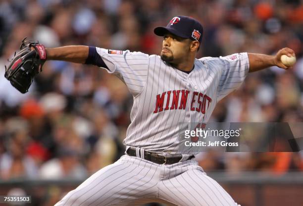 American League All-Star pitcher Johan Santana of the Minnesota Twins pitches in the 78th Major League Baseball All-Star Game at AT&T Park on July...