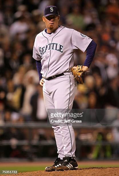 American League All-Star pitcher J.J. Putz of the Seattle Mariners reacts during the ninth inning of the 78th Major League Baseball All-Star Game at...