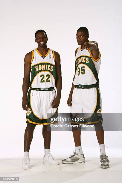 Jeff Green and Kevin Durant of the Seattle SuperSonics pose for a portrait on July 10, 2007 at the Palms Hotel in Las Vegas, Nevada. NOTE TO USER:...