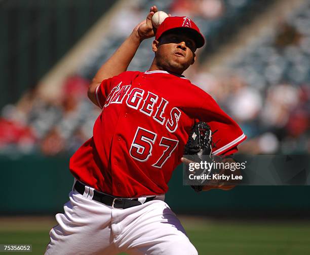 Los Angeles Angels of Anaheim reliever Francisco Rodriguez pitches during 9-8 victory in 10 innings over the Detroit Tigers in Major League Baseball...