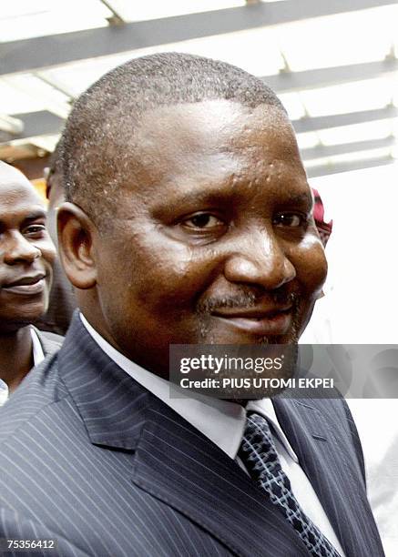 Nigeria-economie-energie-societe-politique***, File picture of Nigerian businessman Aliko Dangote smiling during the opening of the second Lagos...