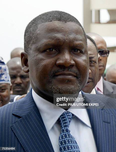 Nigeria-economie-energie-societe-politique*** File picture of Nigerian businessman Aliko Dangote smiling during the opening of the second Lagos...