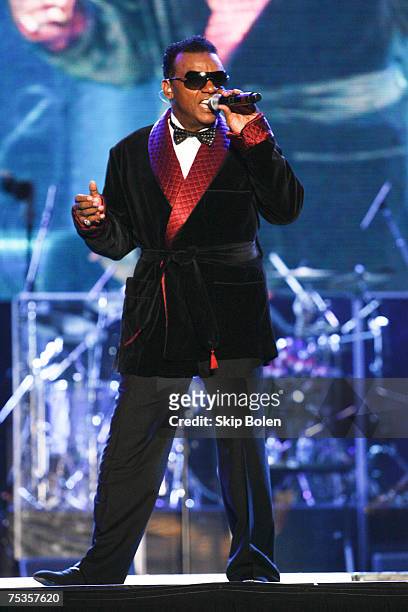 Ron Isley, the longtime lead vocalist for the The Isley Brothers performs on the main stage at the 13th Annual 2007 Essence Music Festival presented...