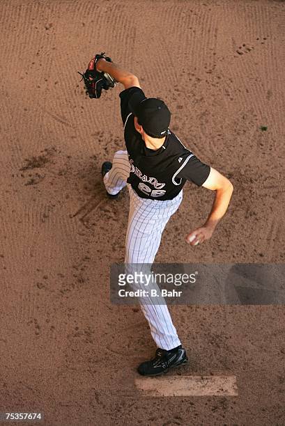 Starting pitcher Jeff Francis of the Colorado Rockies warms up in the bullpen before a game against the New York Yankees on June 20, 2007 at Coors...