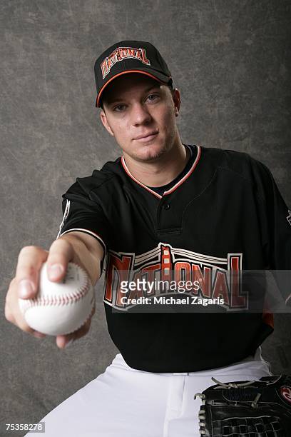 Jake Peavy of the San Diego Padres poses for a portrait during the All-Star Workout Day at AT&T Park in San Francisco, California on July 9, 2007.