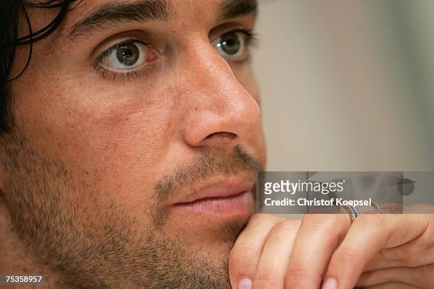 Luca Toni is thoughtful during the press conference at the training camp of Bayern Munich on July 11, 2007 in Donaueschingen, Germany.