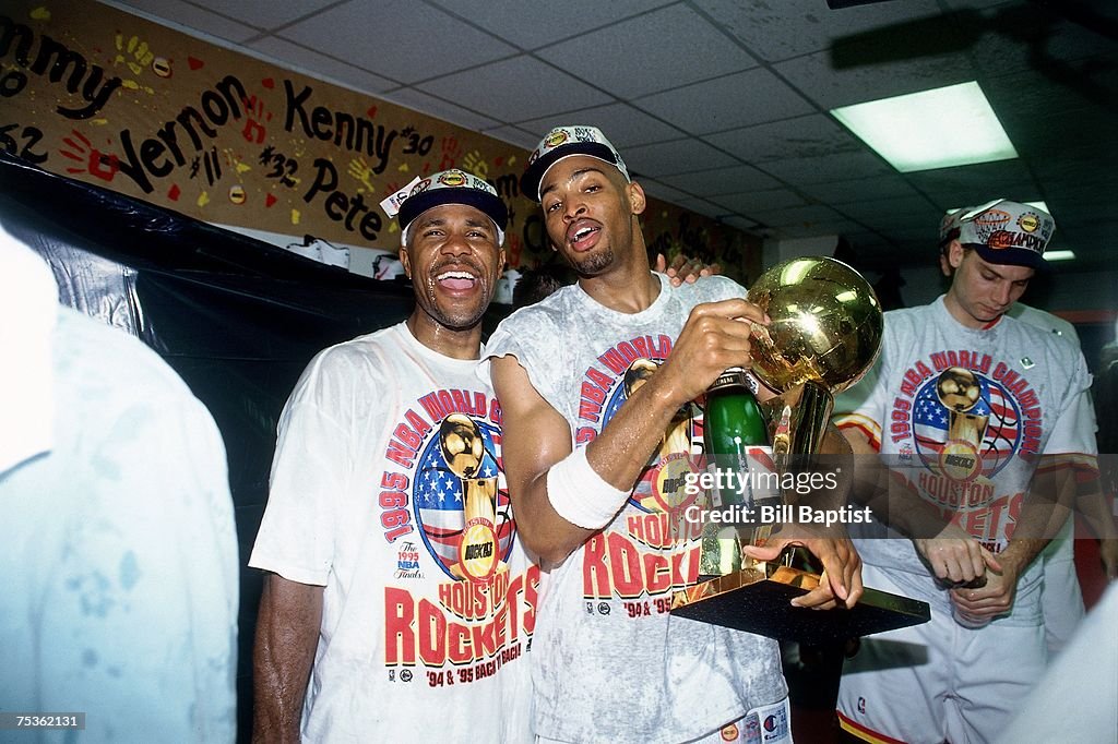1995 Rockets Final Robert Horry and Mario Elie of the Houston Rockets celebrate winning ...