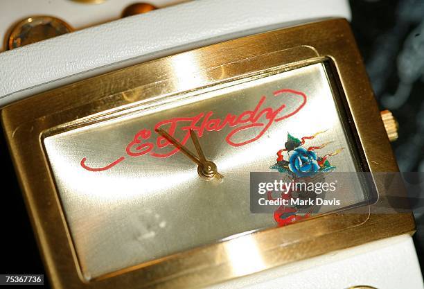 Detailed view of an Ed Hardy watch is seen on display at the Ed Hardy gifting suite held at the Mondrian Hotel on July 11,2007 in West Hollywood...