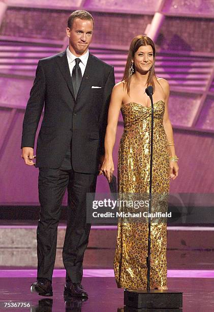 Presenters Peyton Manning and Kate Walsh speak on stage during the 2007 ESPY Awards at the Kodak Theatre on July 11, 2007 in Hollywood, California.