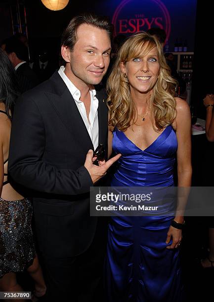Actor Christian Slater and ESPY Producer Maura Mandt backstage at the 2007 ESPY Awards at the Kodak Theatre on July 11, 2007 in Hollywood, California.